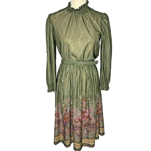 Vintage 70s Secretary Midi Dress Womens M Green Paisley Ruffle Collar Belted - Picture 1 of 9